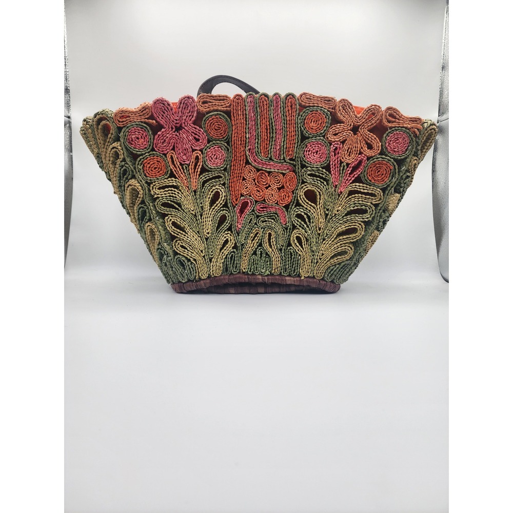 Floral Straw Tote Bag Woven Raffia Boho Summer Shoulder Bag large - Picture 2 of 4